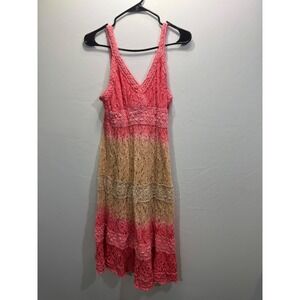 Magic Womens 1X Boho Lace Ombre Midi Dress Coral Pink Tan Crochet Smocked Back